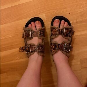 Brown Faux Fur Buckle Sandals- well loved